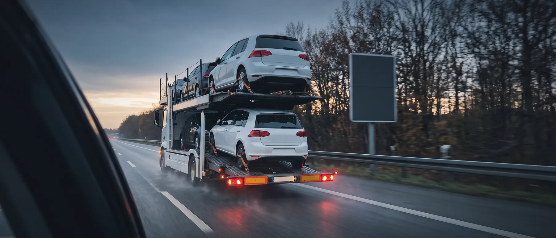 Autotransporter auf der Autobahn in der Abenddämmerung