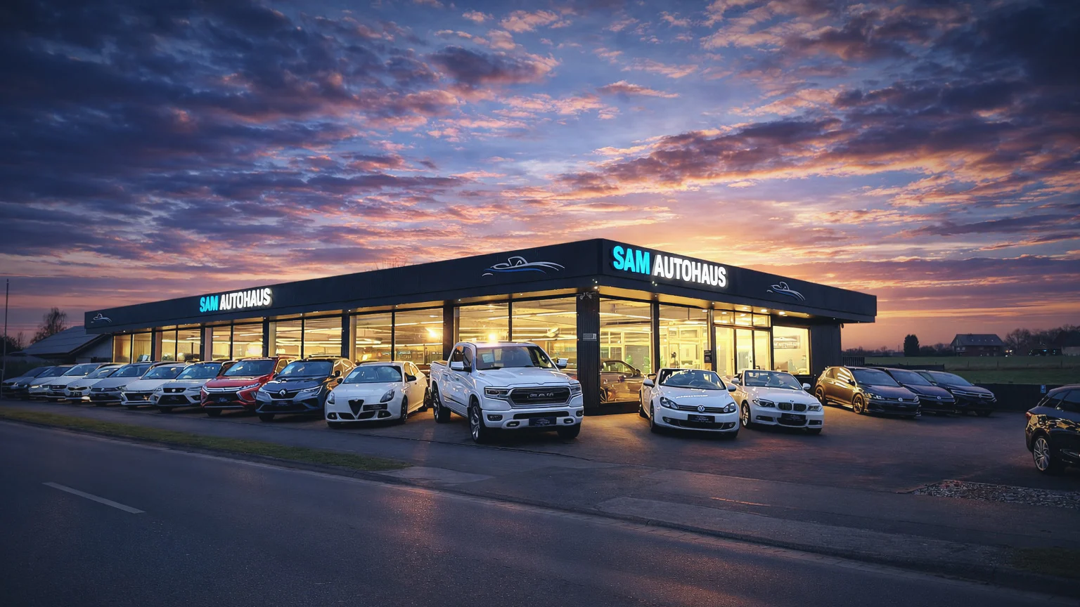 SAM Autohaus an der Diestedder Straße in Wadersloh am Abend