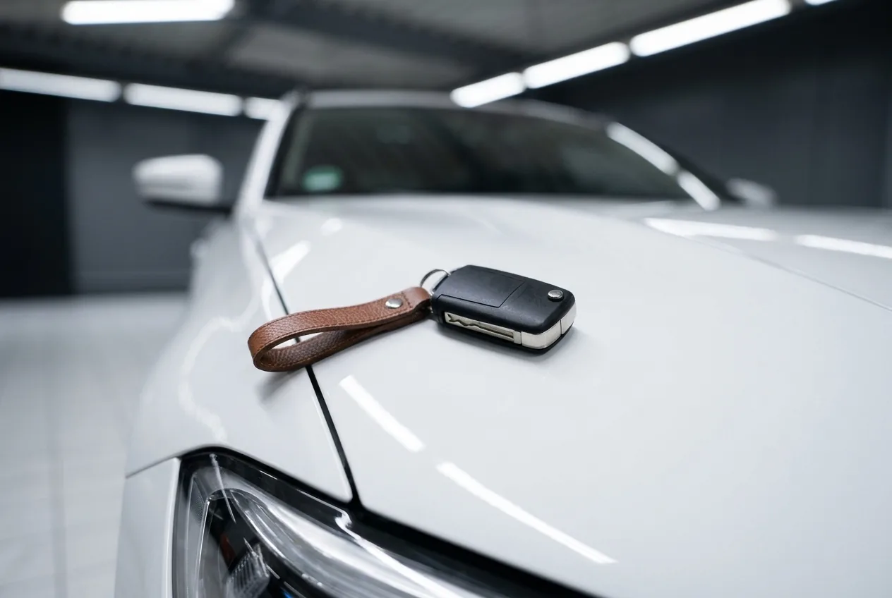 Autoschlüssel mit Lederanhänger auf der Motorhaube eines weißen Kombis
